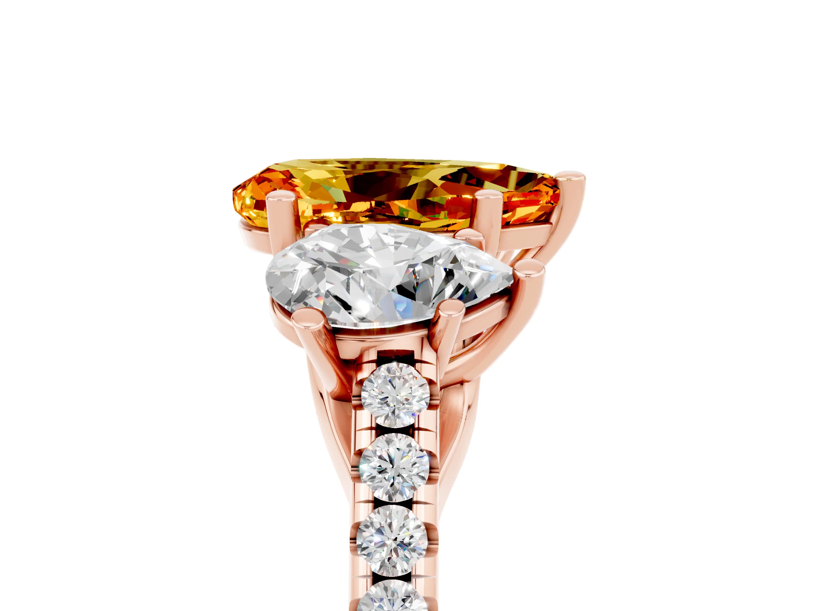 Rose gold Three-Stone Pear Cut Citrine Ring with Pavé Band and Prong Setting_17