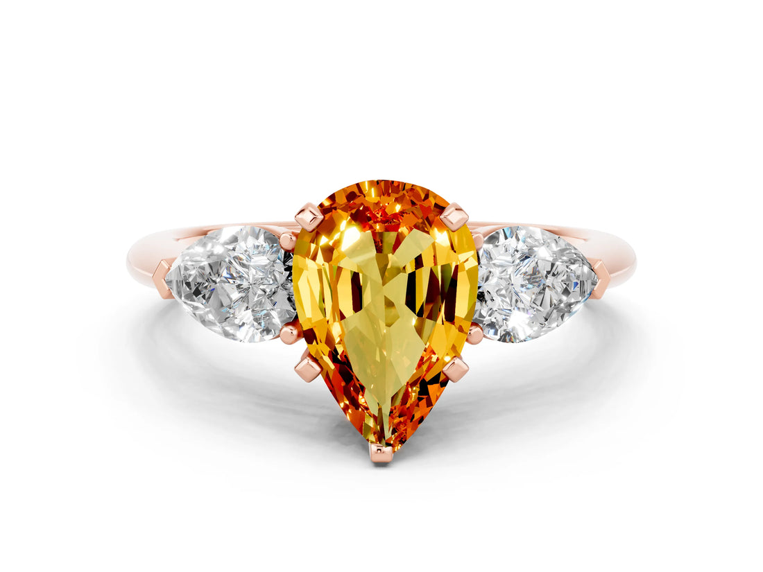 Rose gold Three-Stone Pear Cut Citrine Ring with Pear Side Stones and Four-Prong Setting