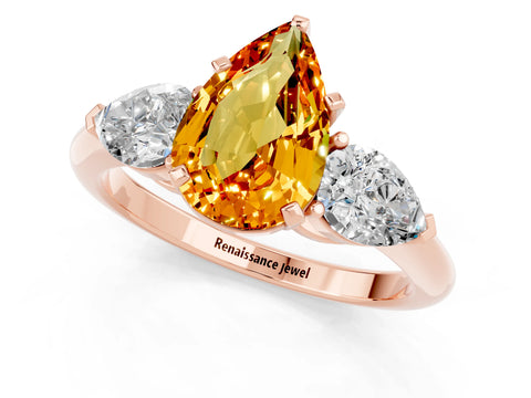 Rose gold Three-Stone Pear Cut Citrine Ring with Pear Side Stones and Four-Prong Setting_1