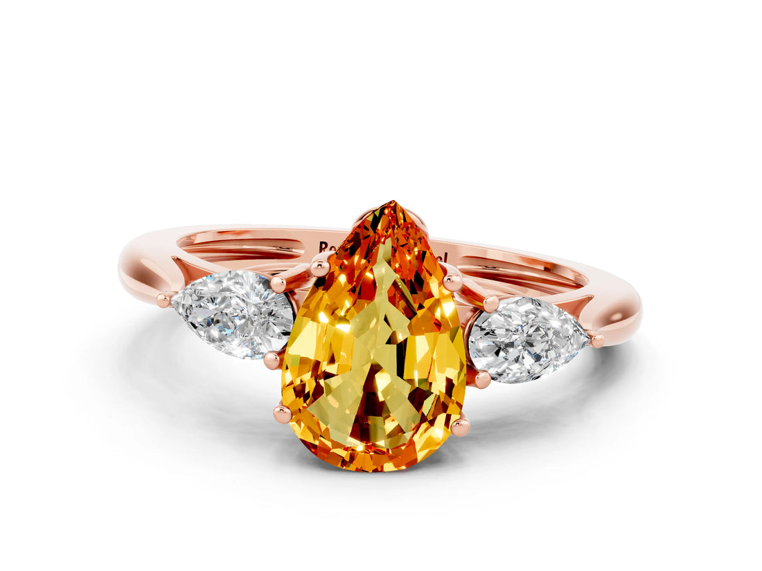 Rose gold Three-Stone Pear Cut Citrine Ring with Pear  Side Stones in Four-Prong Setting_12