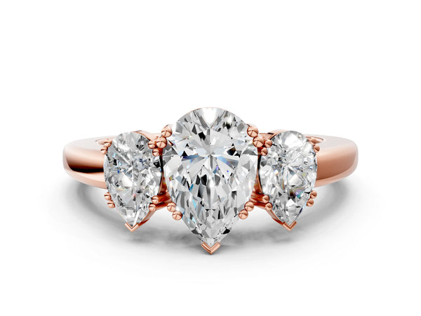 Rose gold Three-Stone Pear Cut Cut Diamond Ring with Channel Set Band and Four-Prong Setting