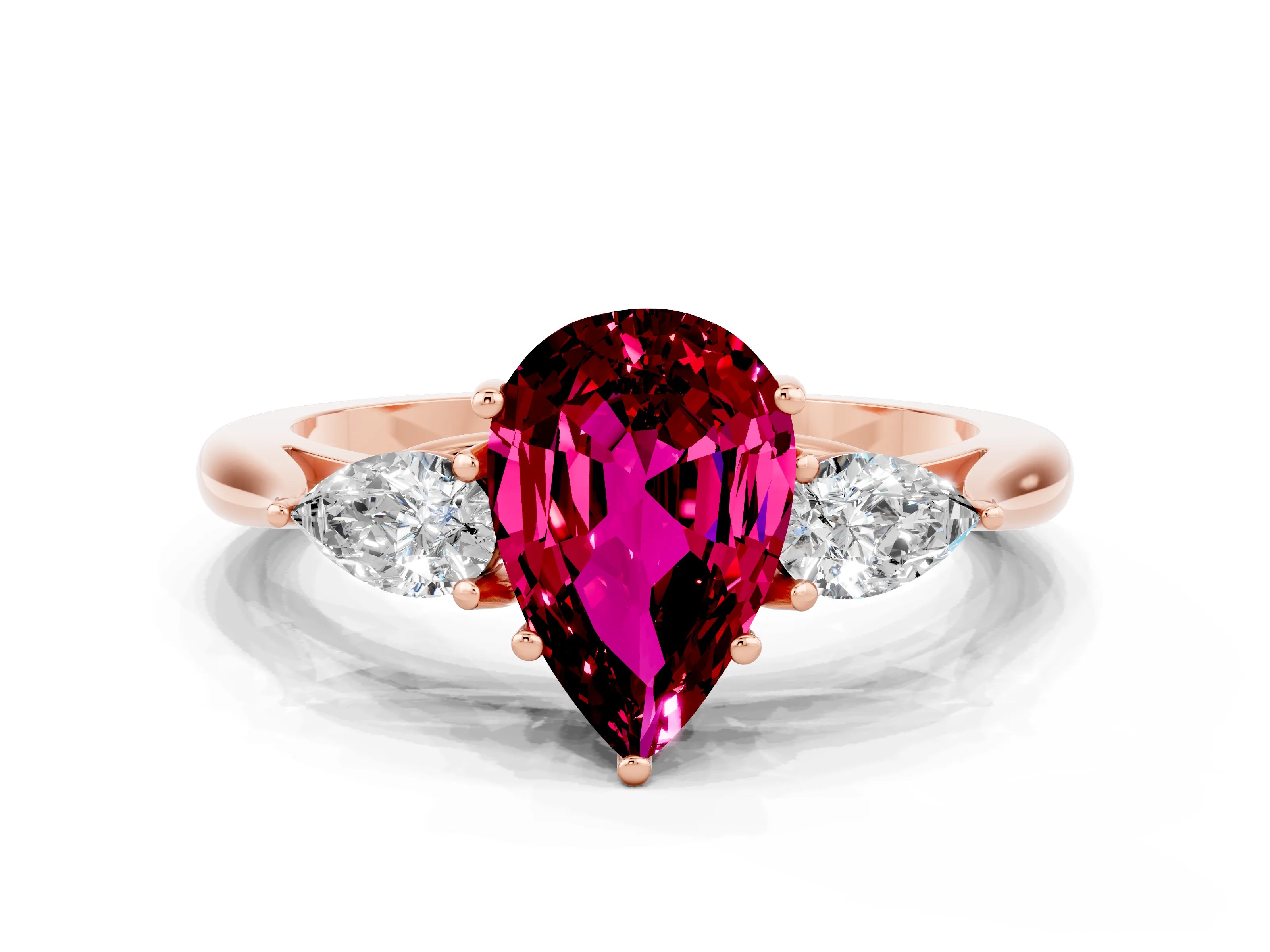 Rose gold Three-Stone Pear Cut Cut Diamond Ring with Pear Side Stones in Four-Prong Setting