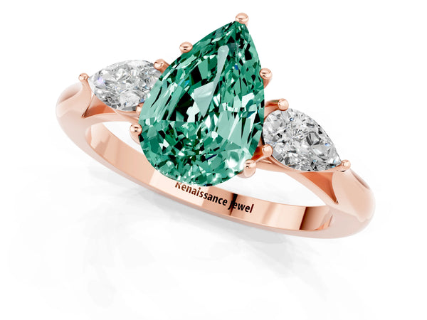 Rose gold Three-Stone Pear Cut Green Sapphire Ring with Pear  Side Stones in Four-Prong Setting
