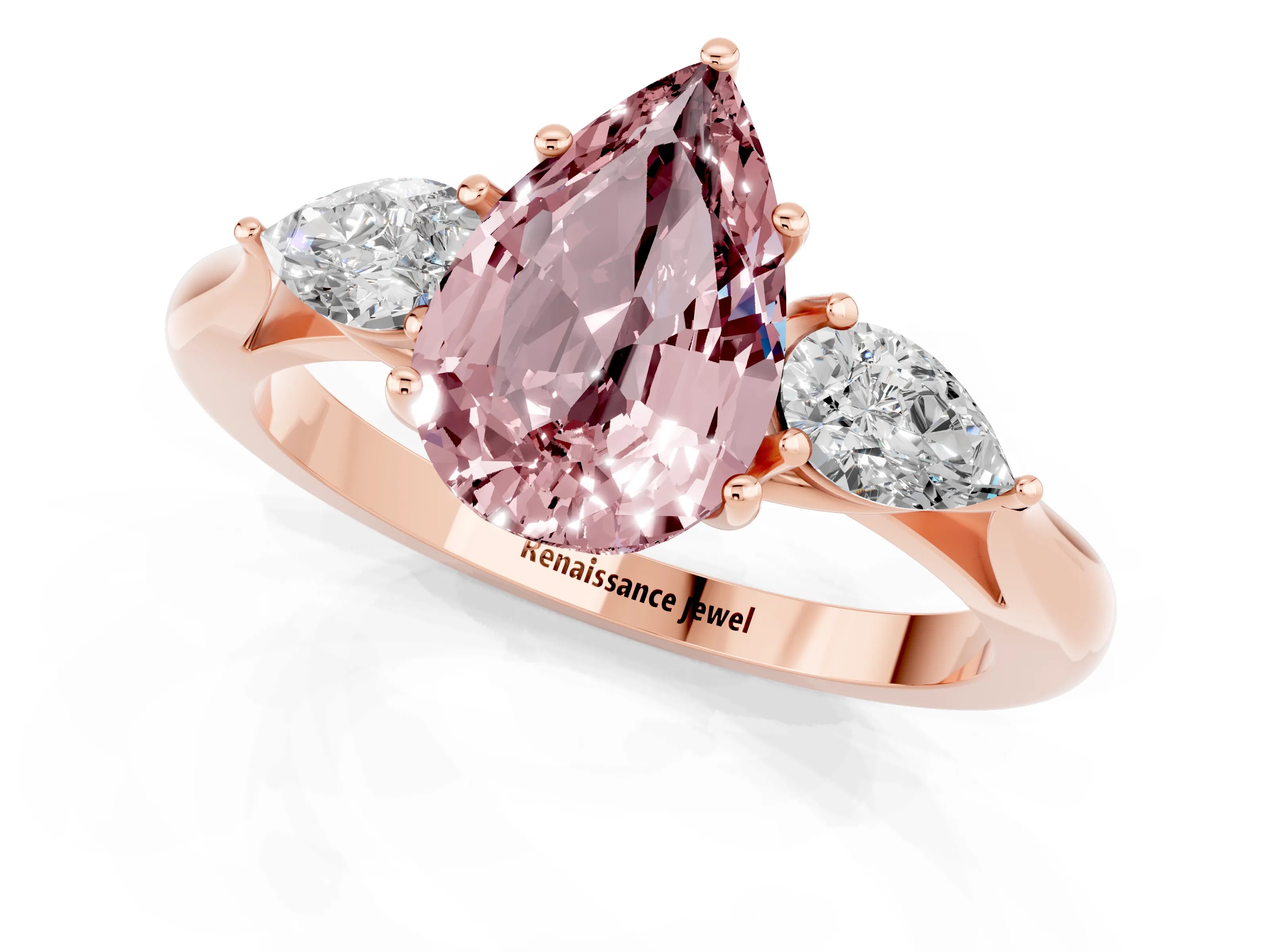 Rose gold Three-Stone Pear Cut Cut Diamond Ring with Pear Side Stones in Four-Prong Setting_1