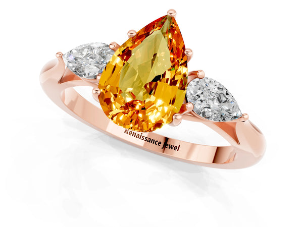 Rose gold Three-Stone Pear Cut Citrine Ring with Pear  Side Stones in Four-Prong Setting