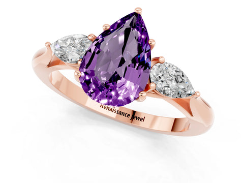 Rose gold Three-Stone Pear Cut Cut Diamond Ring with Pear Side Stones in Four-Prong Setting_1