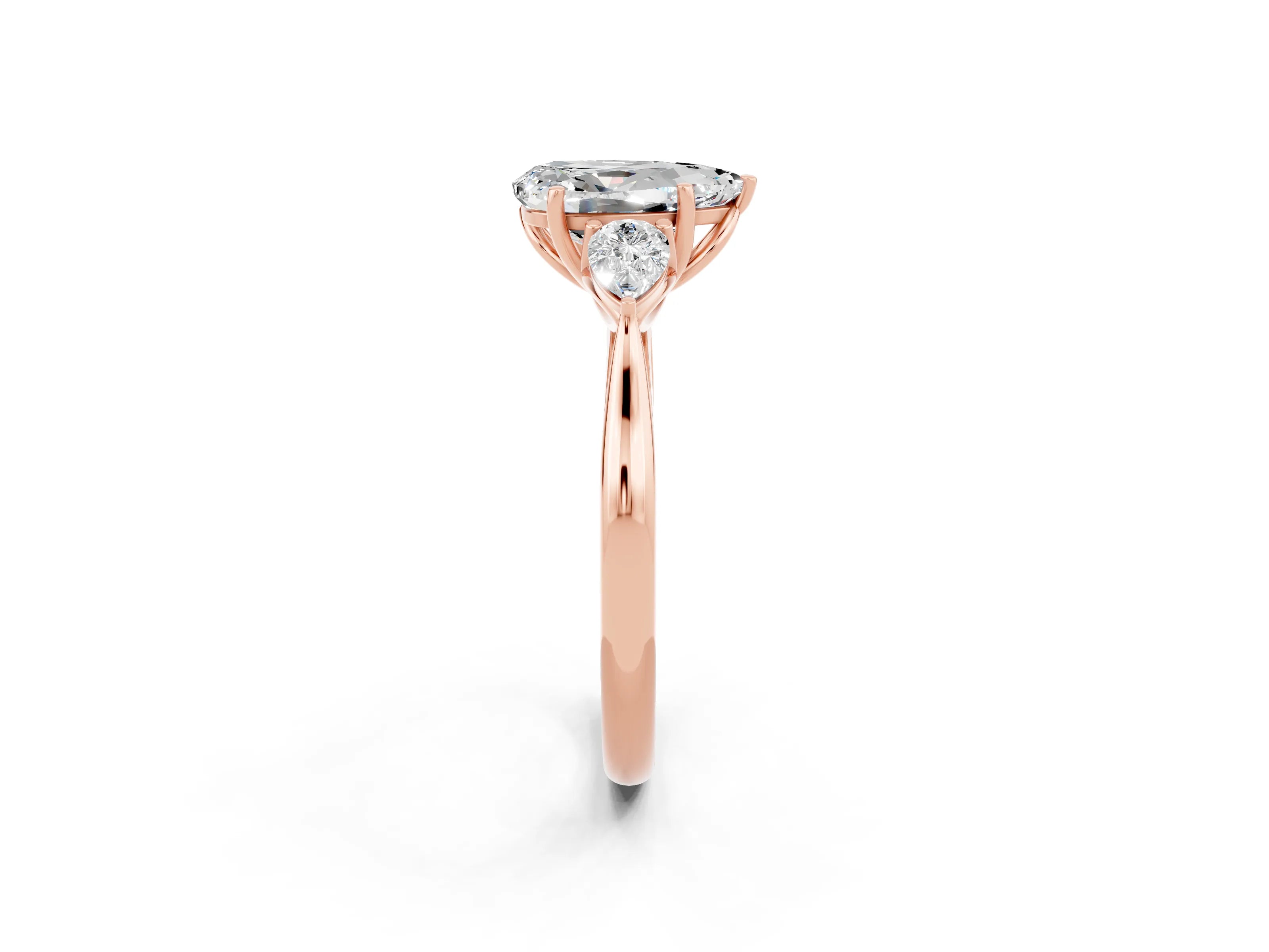 Rose gold Three-Stone Pear Cut Cut Diamond Ring with Pear Side Stones in Four-Prong Setting_2