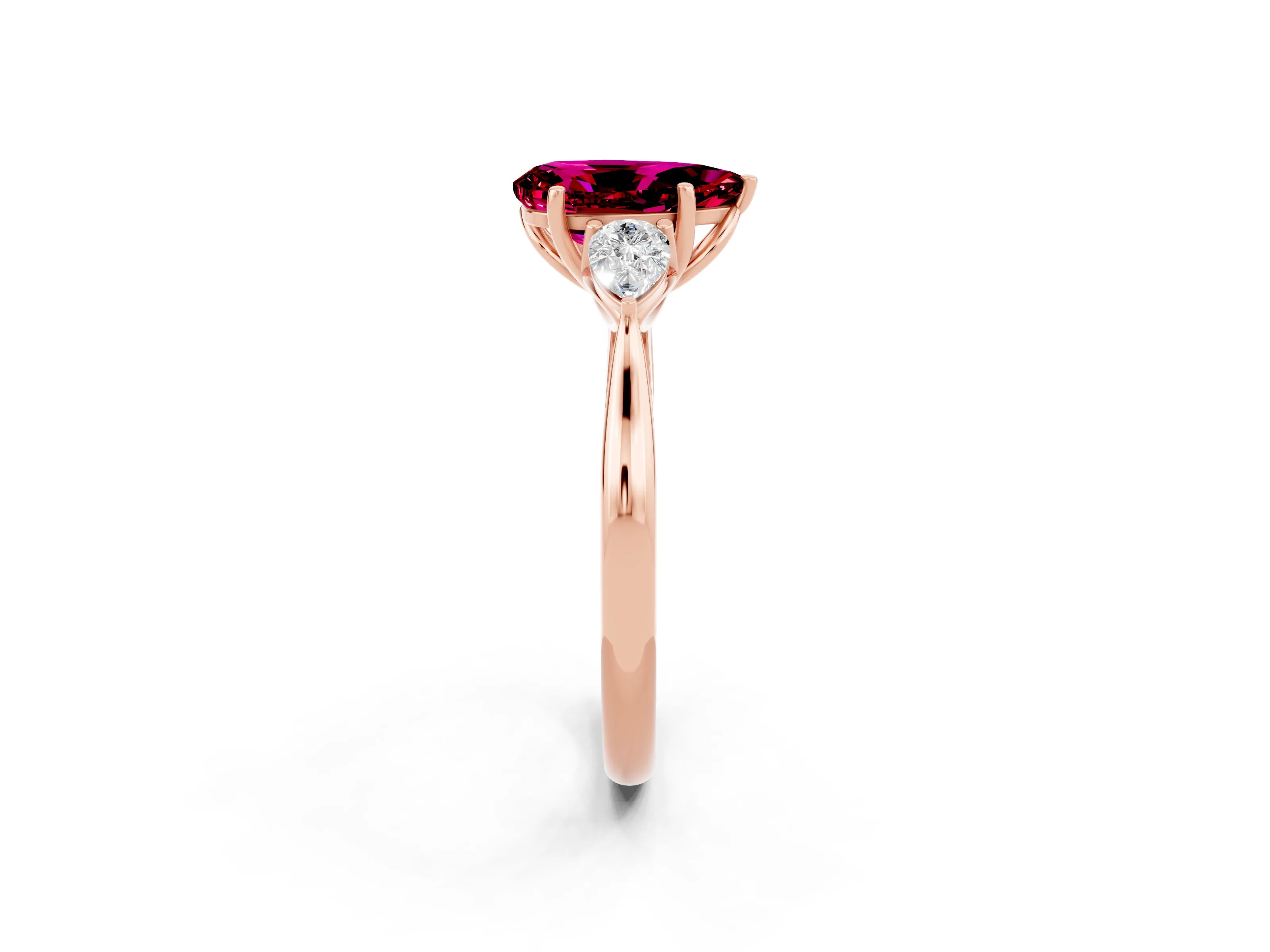 Rose gold Three-Stone Pear Cut Cut Diamond Ring with Pear Side Stones in Four-Prong Setting_2