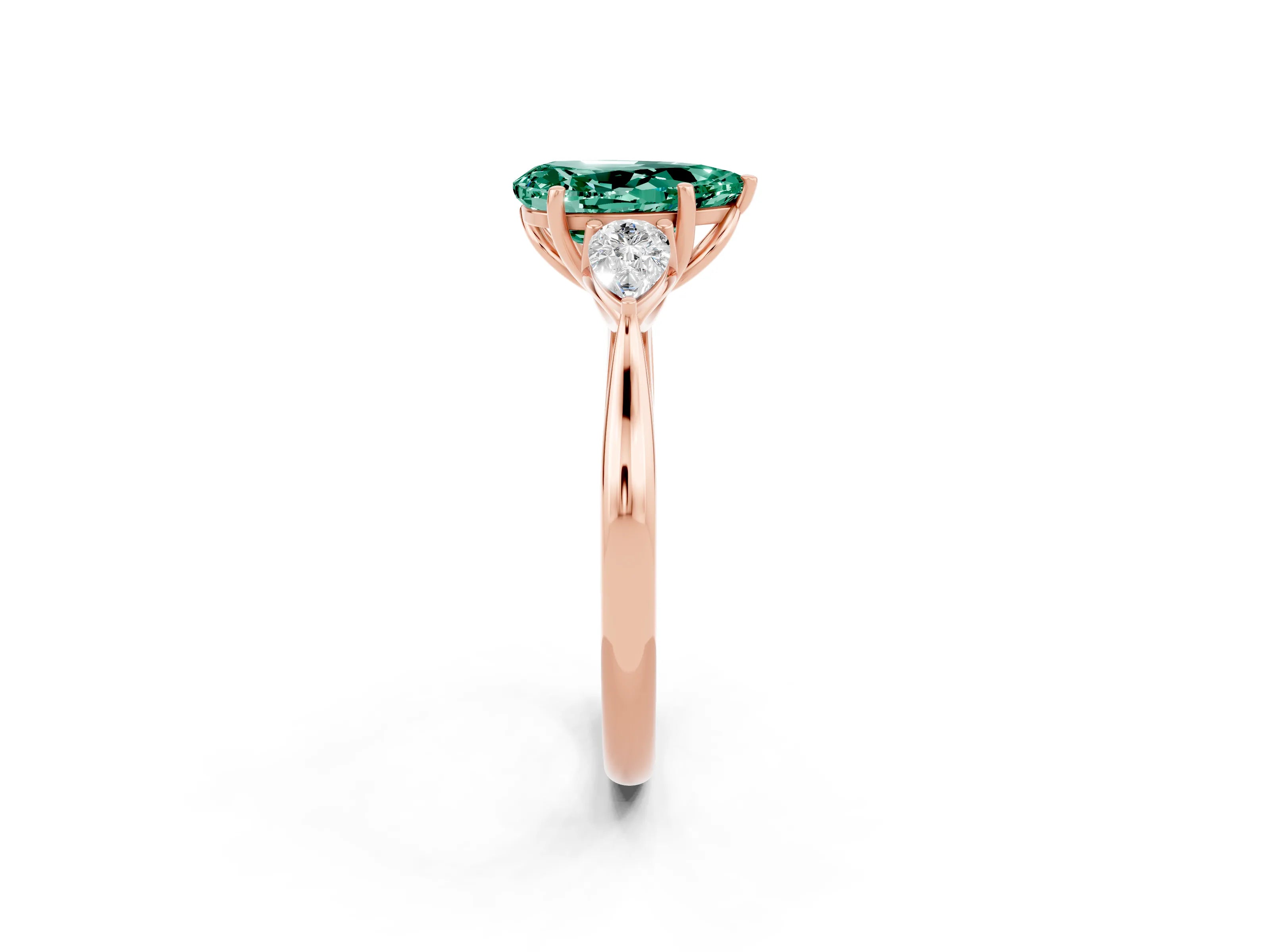 Rose gold Three-Stone Pear Cut Cut Diamond Ring with Pear Side Stones in Four-Prong Setting_2