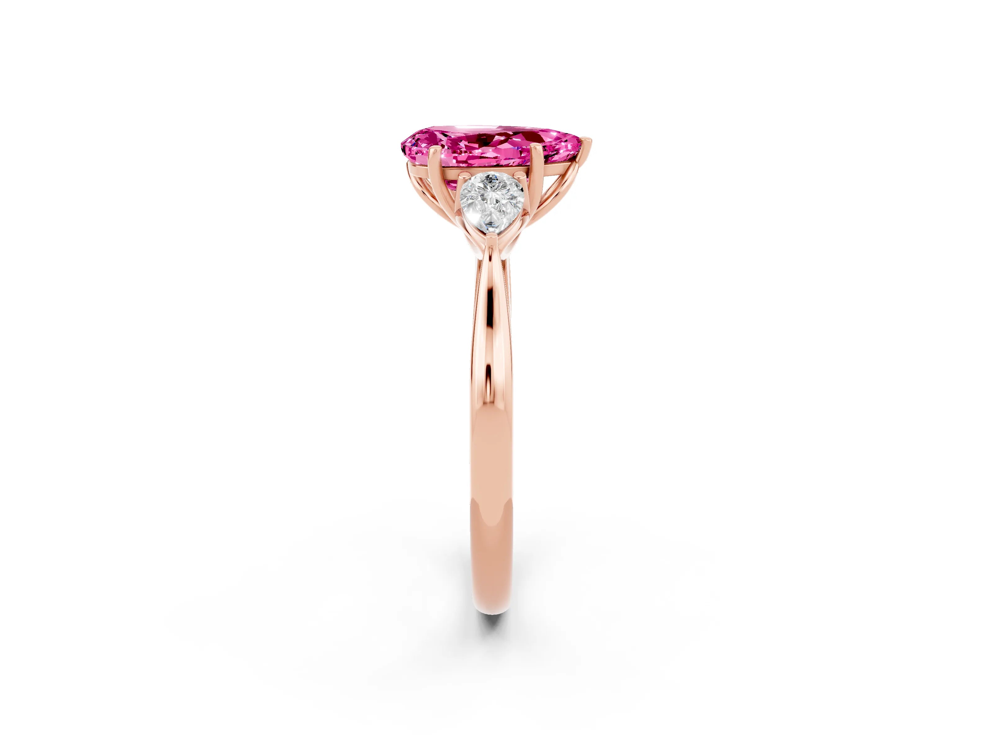 Rose gold Three-Stone Pear Cut Cut Diamond Ring with Pear Side Stones in Four-Prong Setting_2