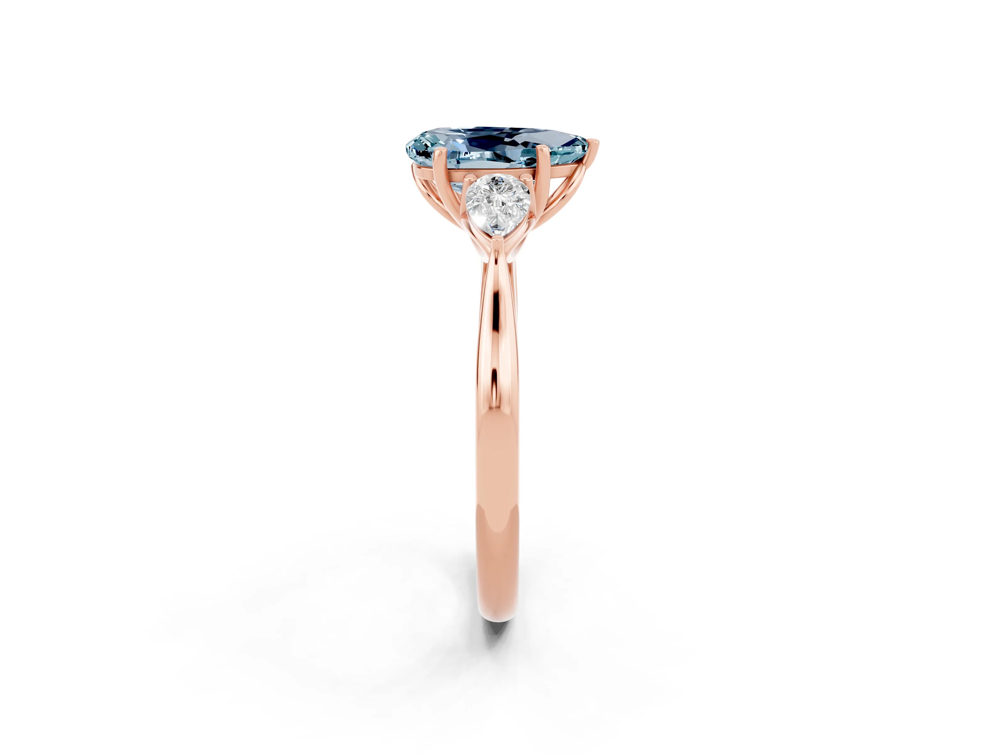 Rose gold Three-Stone Pear Cut Cut Diamond Ring with Pear Side Stones in Four-Prong Setting_2