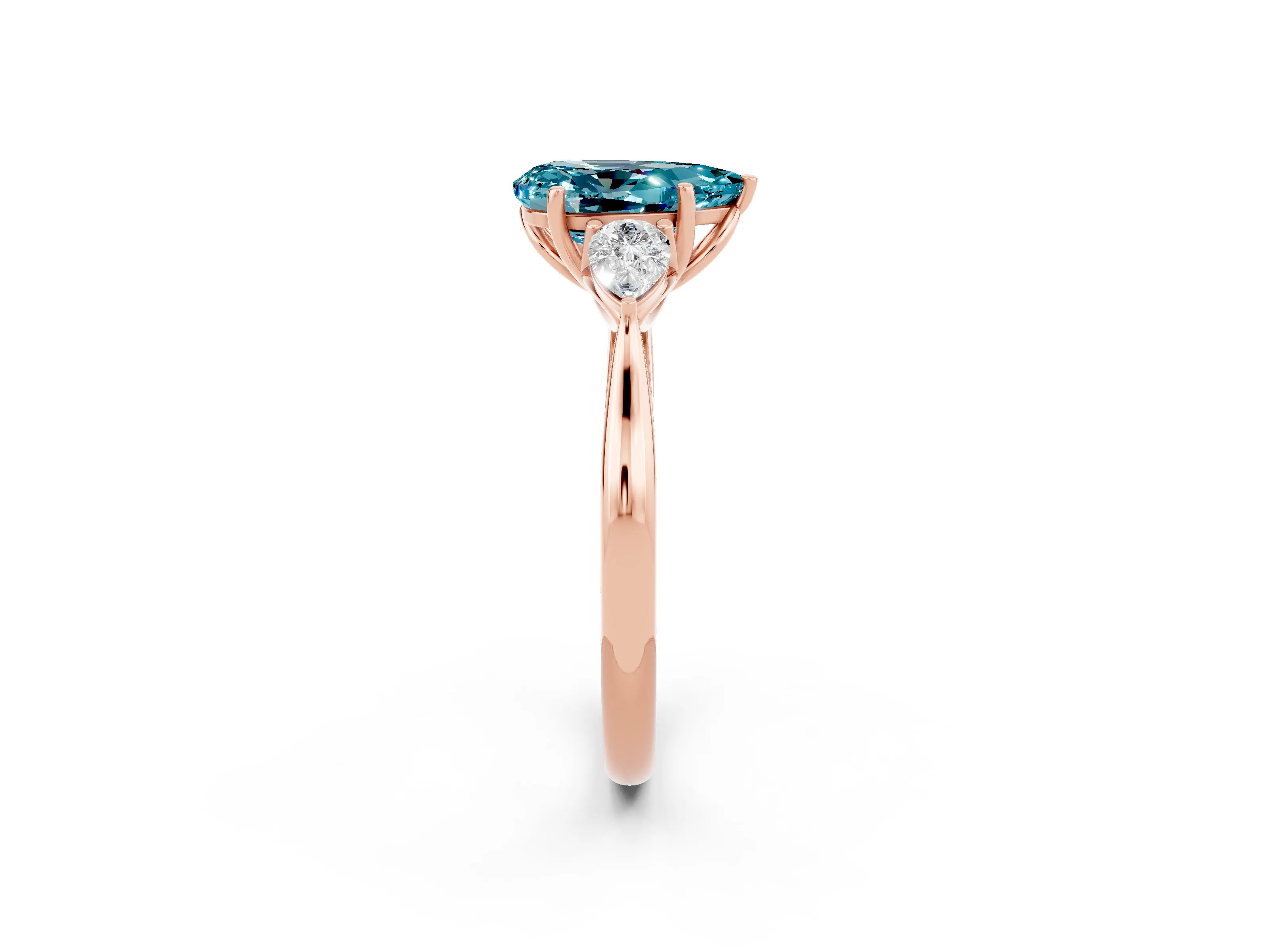 Rose gold Three-Stone Pear Cut Cut Diamond Ring with Pear Side Stones in Four-Prong Setting_2