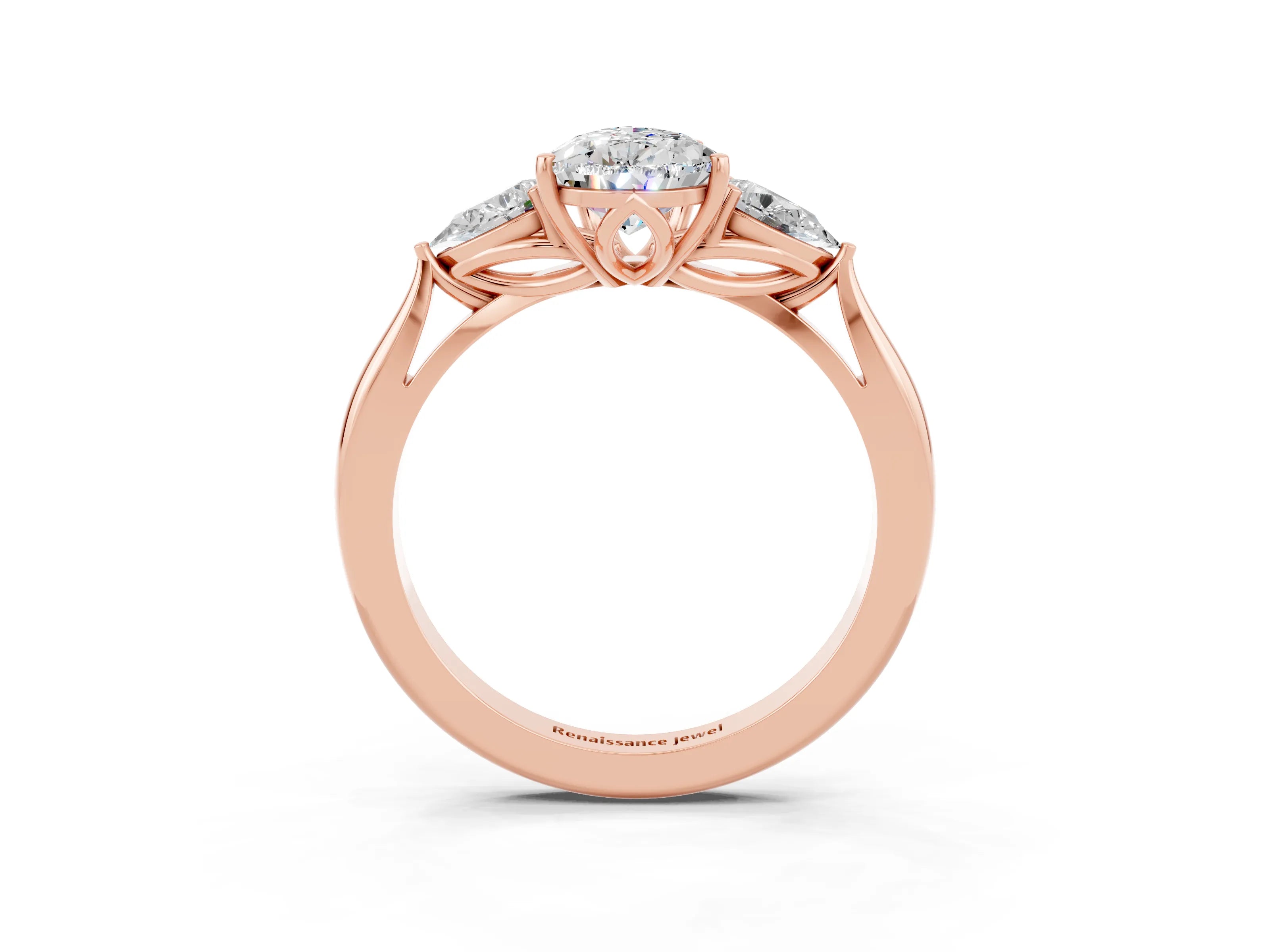 Rose gold Three-Stone Pear Cut Cut Diamond Ring with Pear Side Stones in Four-Prong Setting_3