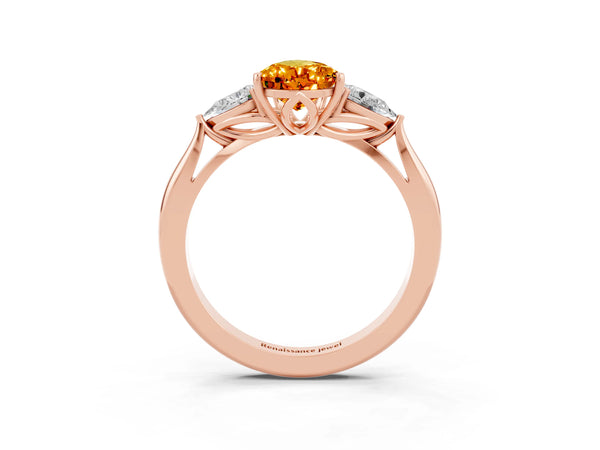 Rose gold Three-Stone Pear Cut Citrine Ring with Pear  Side Stones in Four-Prong Setting