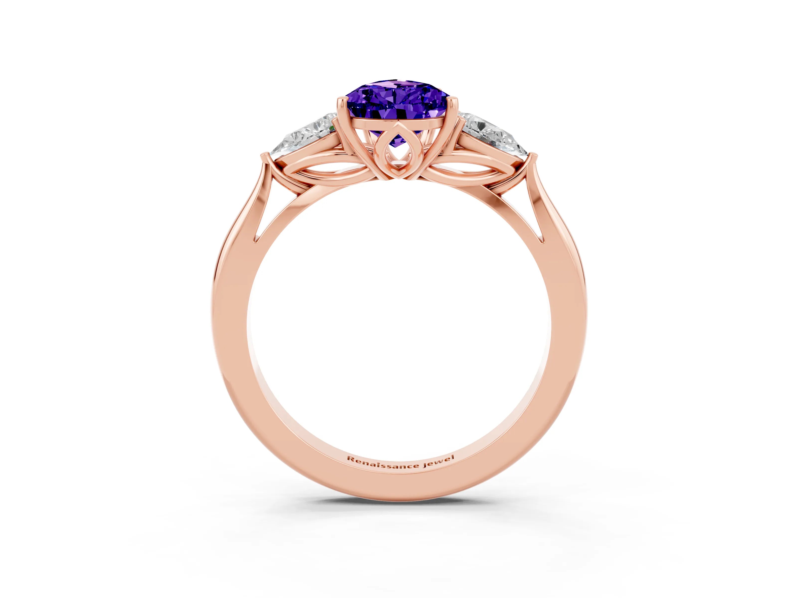 Rose gold Three-Stone Pear Cut Cut Diamond Ring with Pear Side Stones in Four-Prong Setting_3