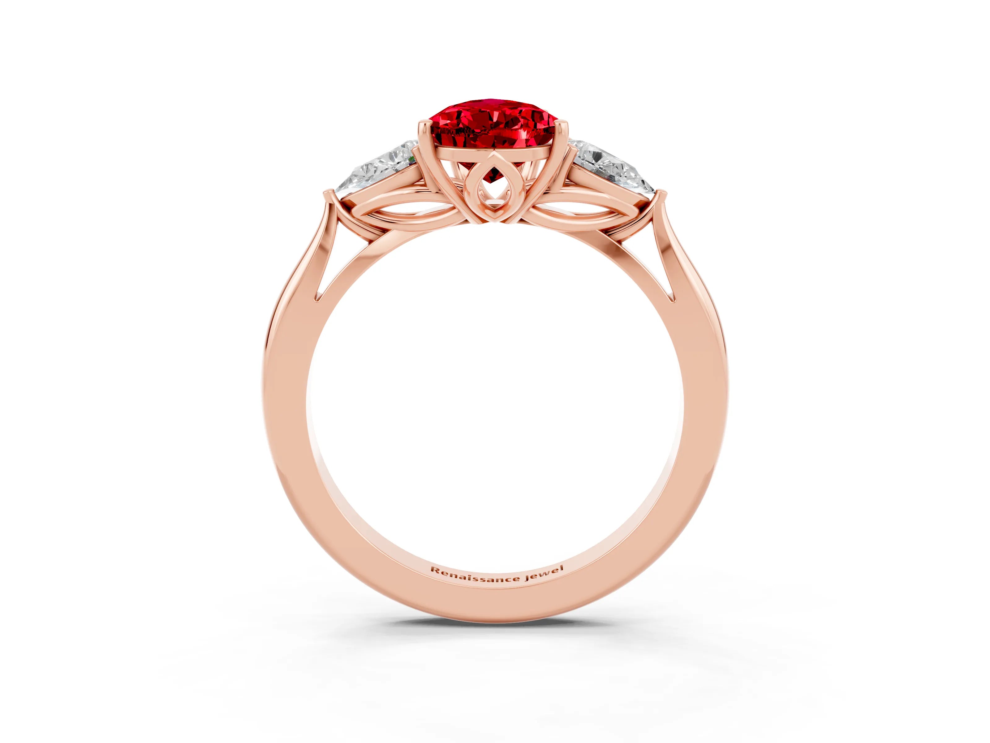 Rose gold Three-Stone Pear Cut Cut Diamond Ring with Pear Side Stones in Four-Prong Setting_3