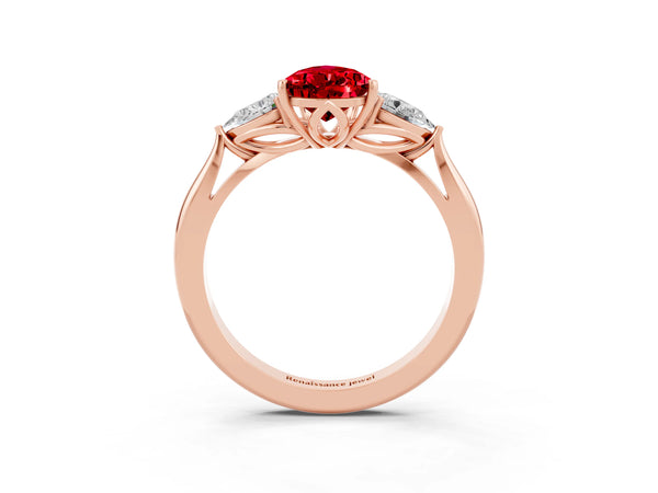 Rose gold Three-Stone Pear Cut Cut Diamond Ring with Pear Side Stones in Four-Prong Setting