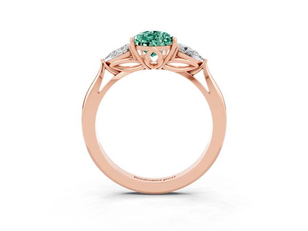 Rose gold Three-Stone Pear Cut Green Sapphire Ring with Pear  Side Stones in Four-Prong Setting