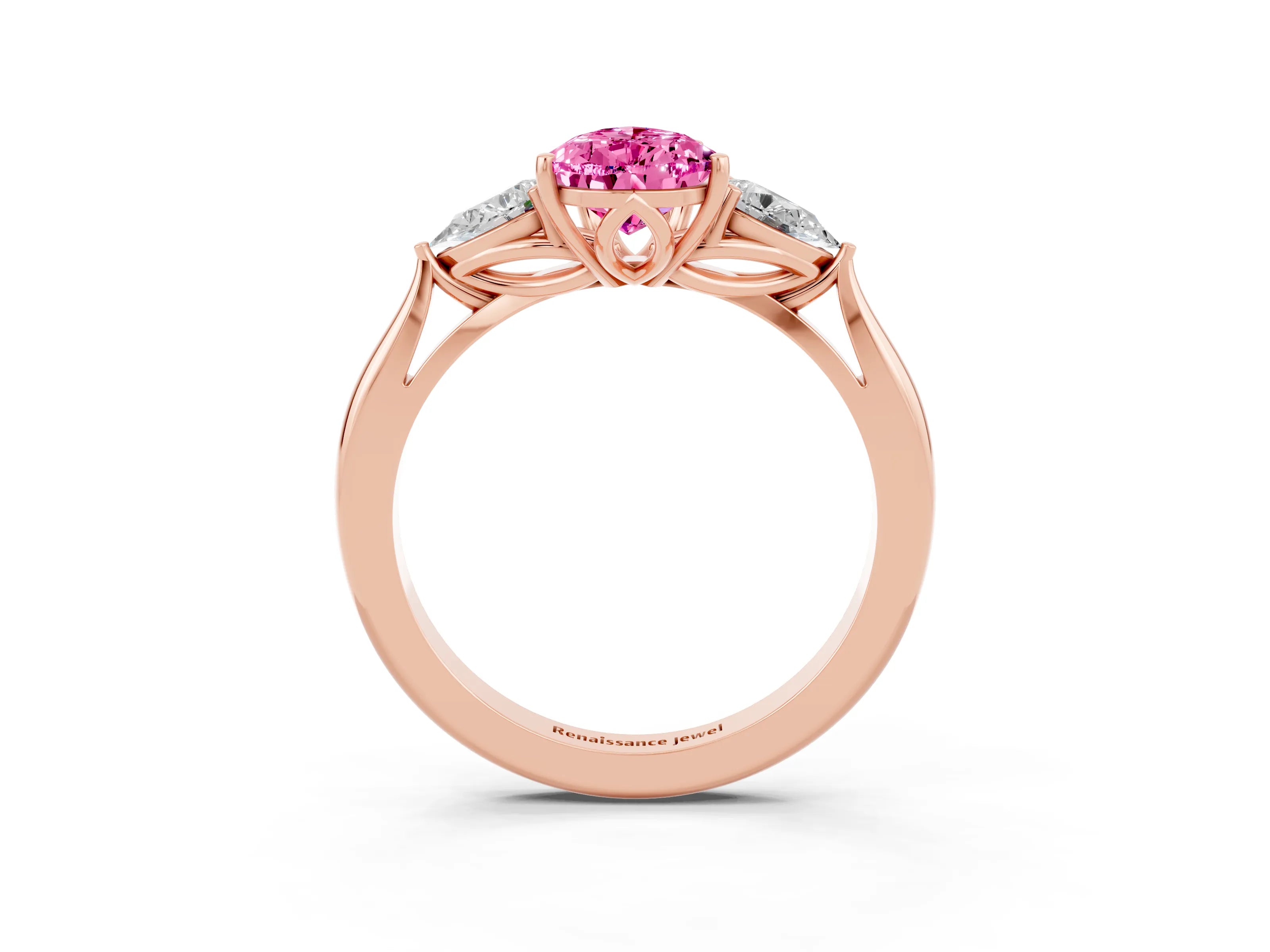 Rose gold Three-Stone Pear Cut Cut Diamond Ring with Pear Side Stones in Four-Prong Setting_3