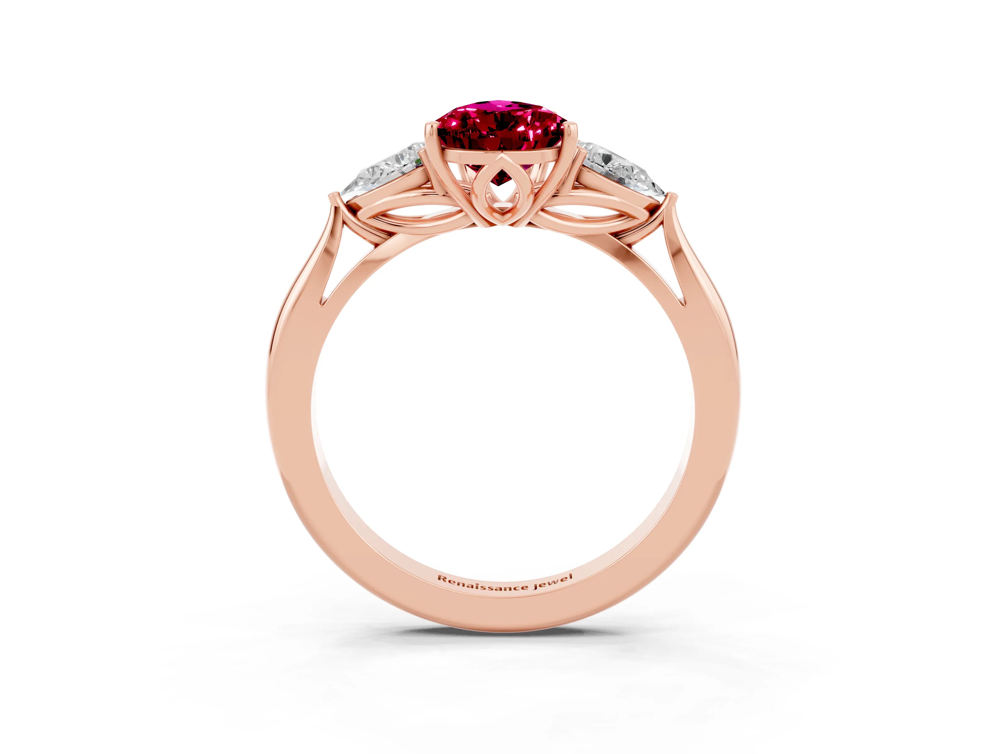 Rose gold Three-Stone Pear Cut Cut Diamond Ring with Pear Side Stones in Four-Prong Setting_3