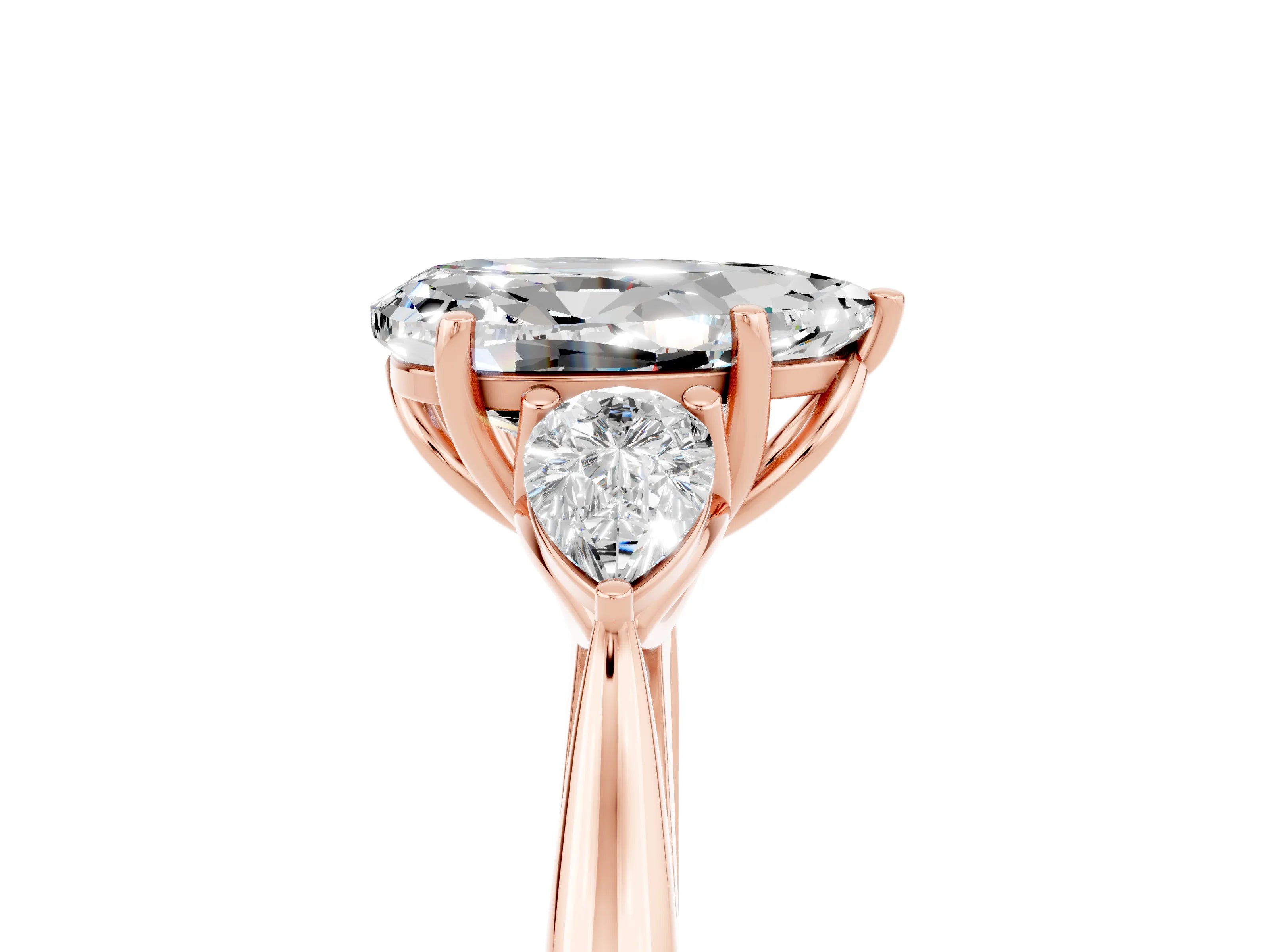 Rose gold Three-Stone Pear Cut Cut Diamond Ring with Pear Side Stones in Four-Prong Setting_5