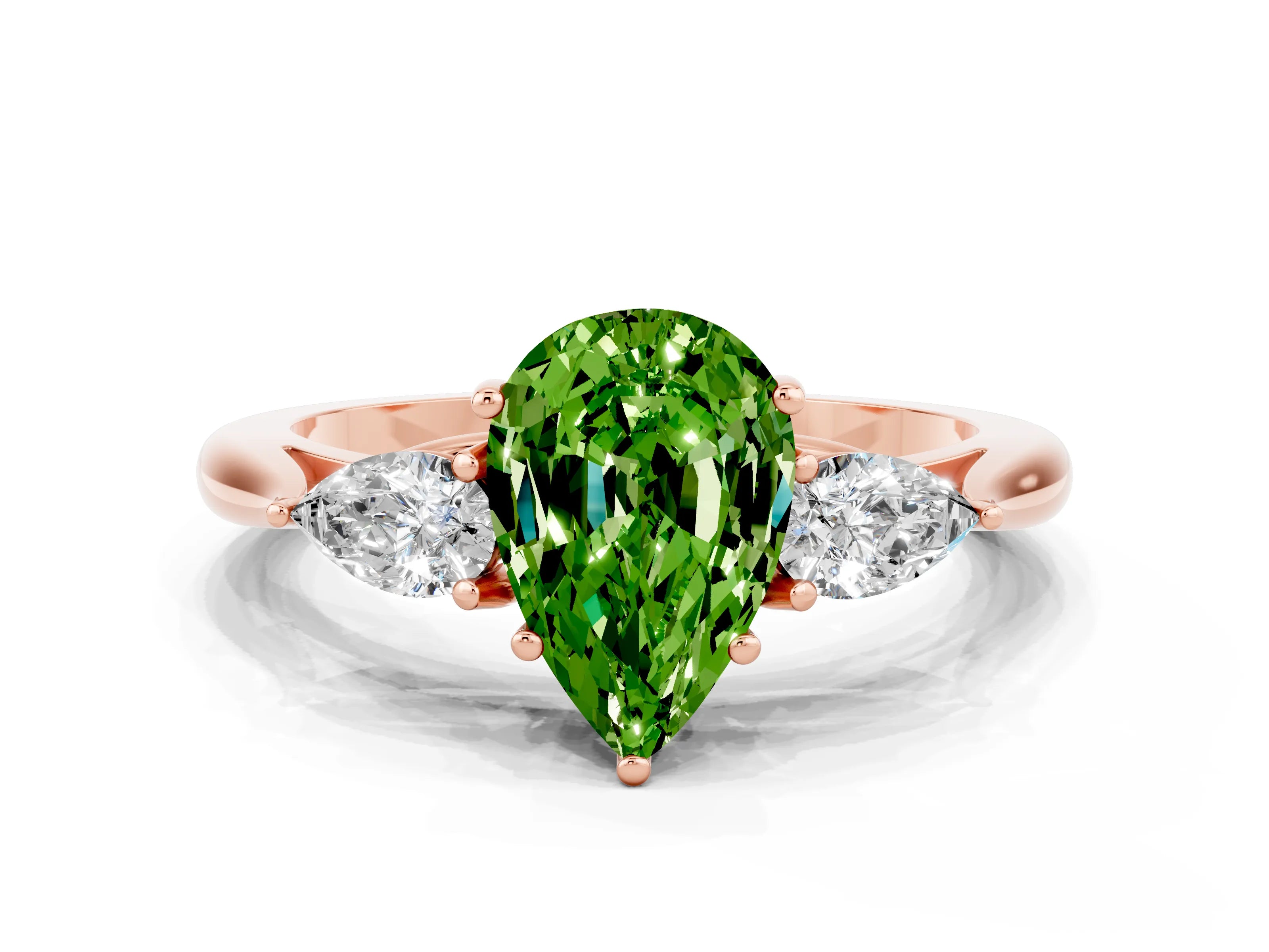 Rose gold Three-Stone Pear Cut Cut Diamond Ring with Pear Side Stones in Four-Prong Setting