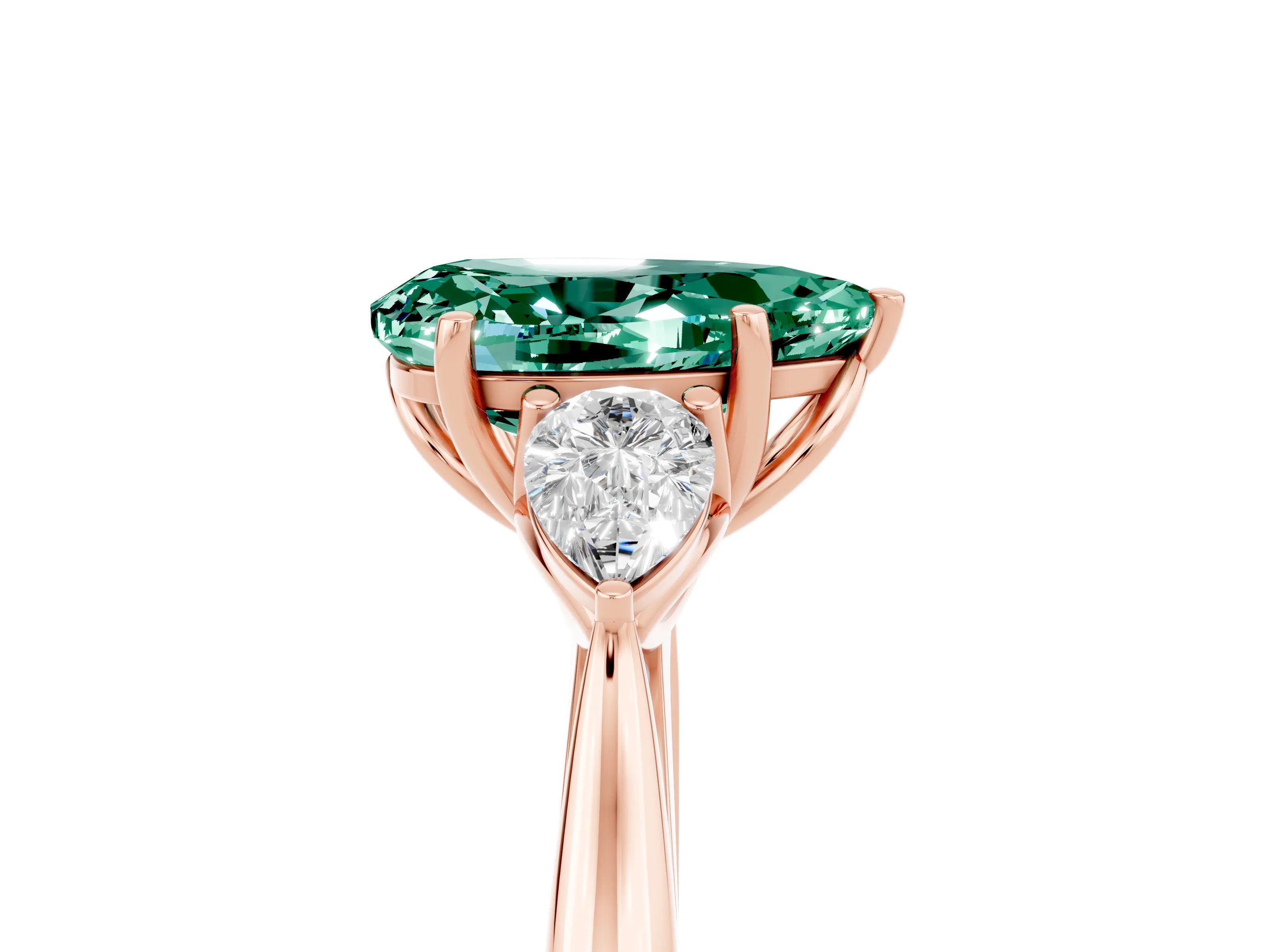 Rose gold Three-Stone Pear Cut Cut Diamond Ring with Pear Side Stones in Four-Prong Setting_5
