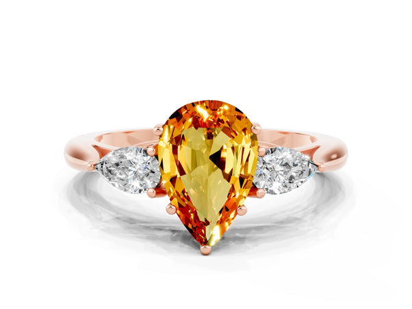 Rose gold Three-Stone Pear Cut Citrine Ring with Pear  Side Stones in Four-Prong Setting