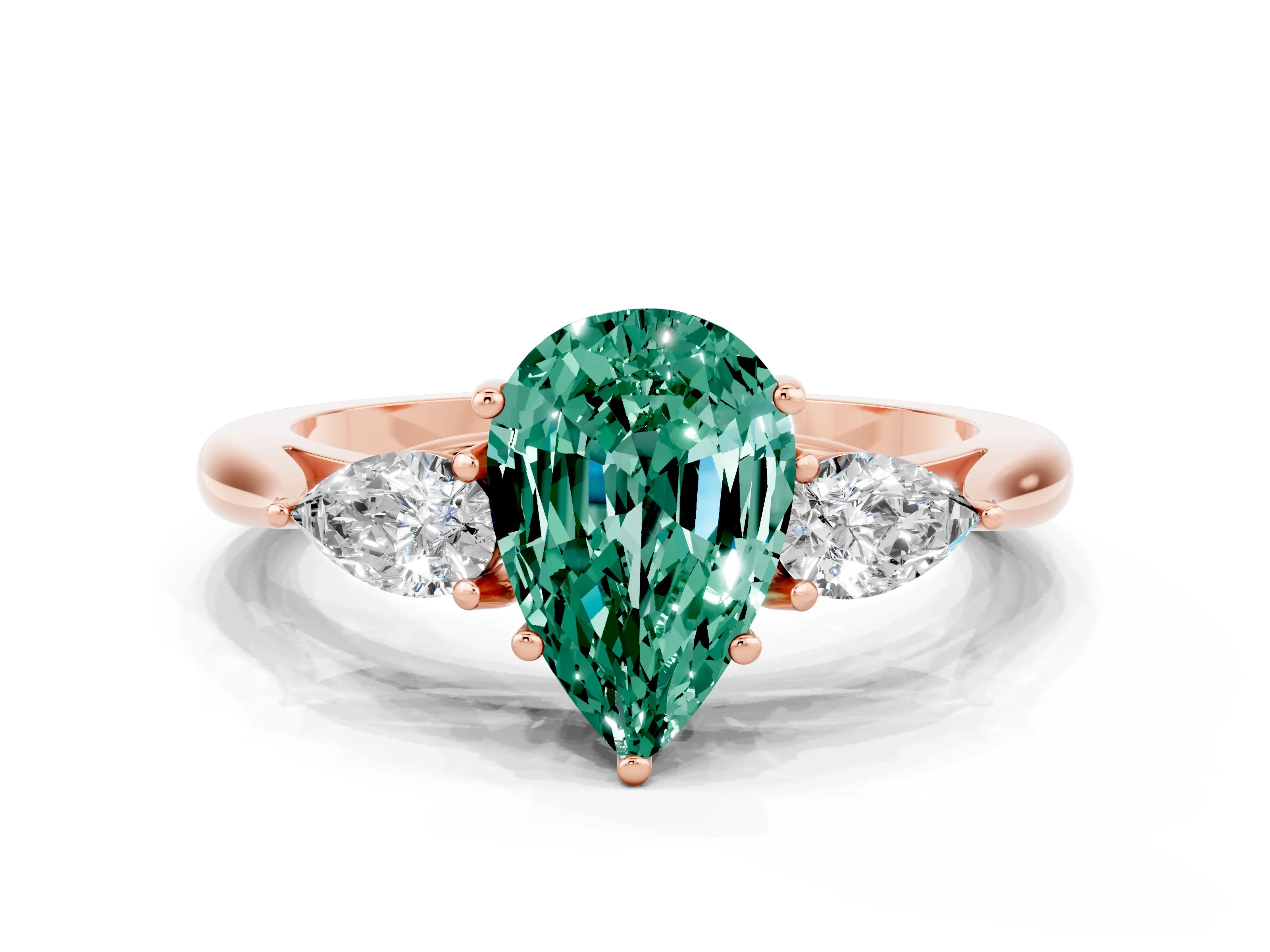 Rose gold Three-Stone Pear Cut Cut Diamond Ring with Pear Side Stones in Four-Prong Setting