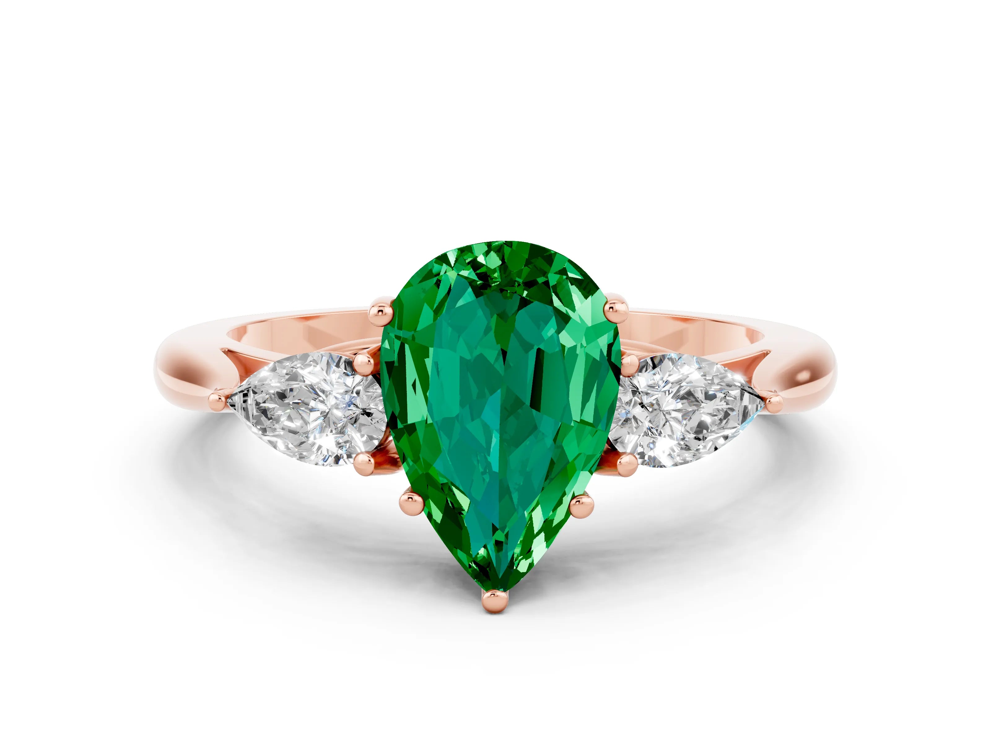 Rose gold Three-Stone Pear Cut Cut Diamond Ring with Pear Side Stones in Four-Prong Setting
