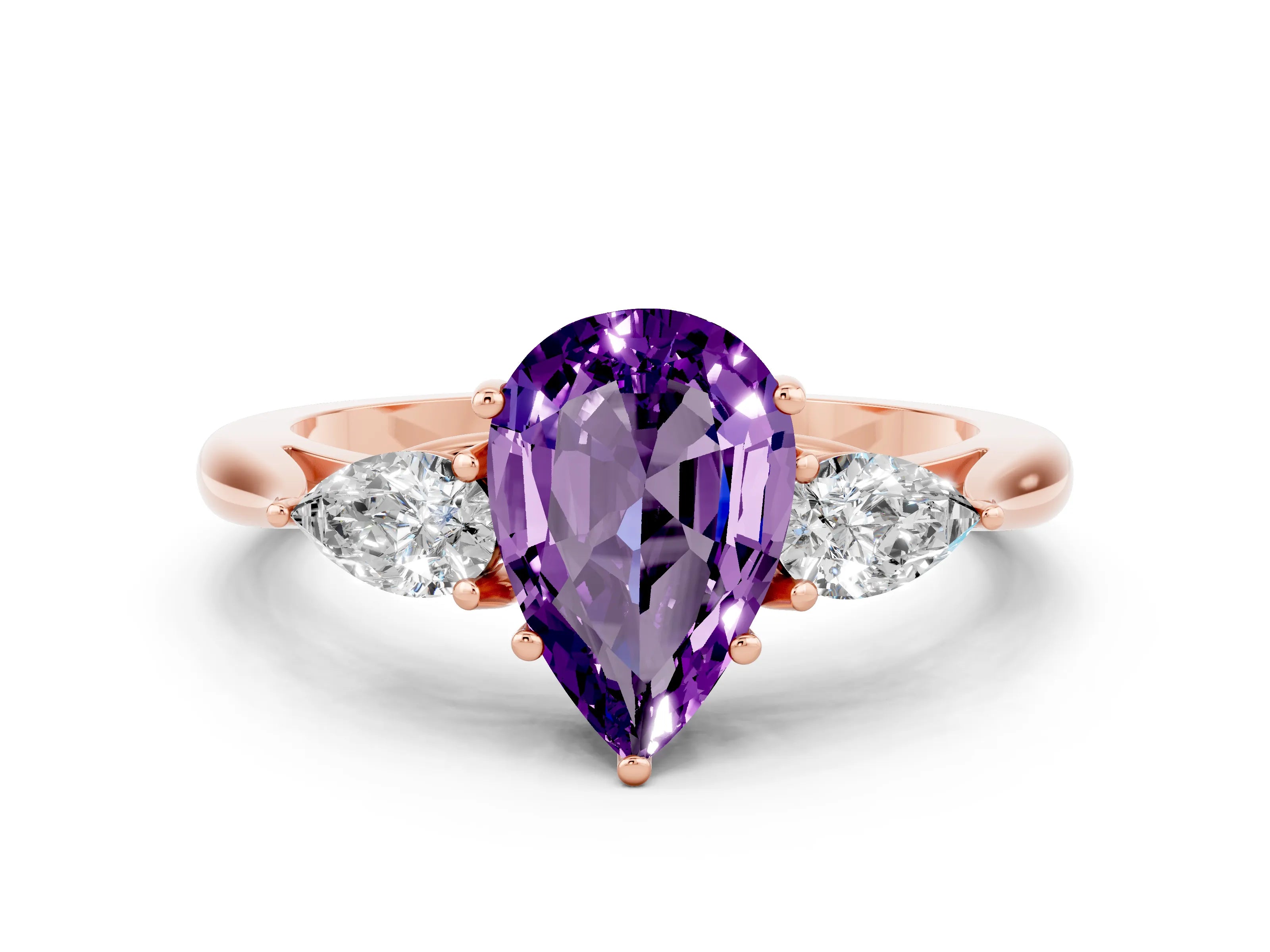 Rose gold Three-Stone Pear Cut Cut Diamond Ring with Pear Side Stones in Four-Prong Setting