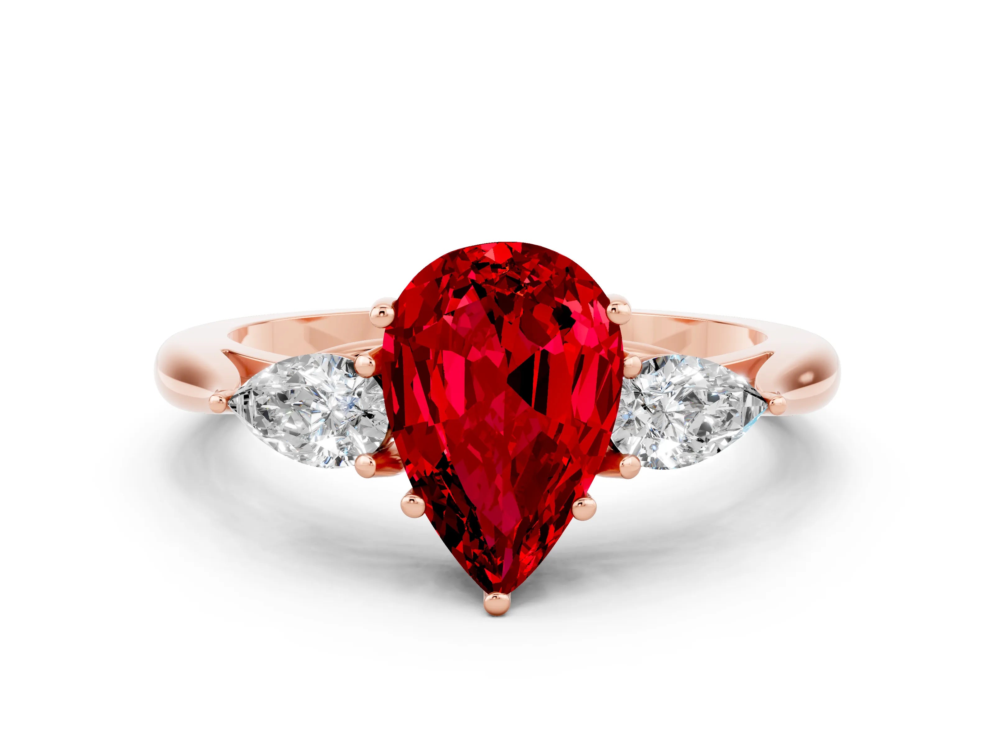 Rose gold Three-Stone Pear Cut Cut Diamond Ring with Pear Side Stones in Four-Prong Setting
