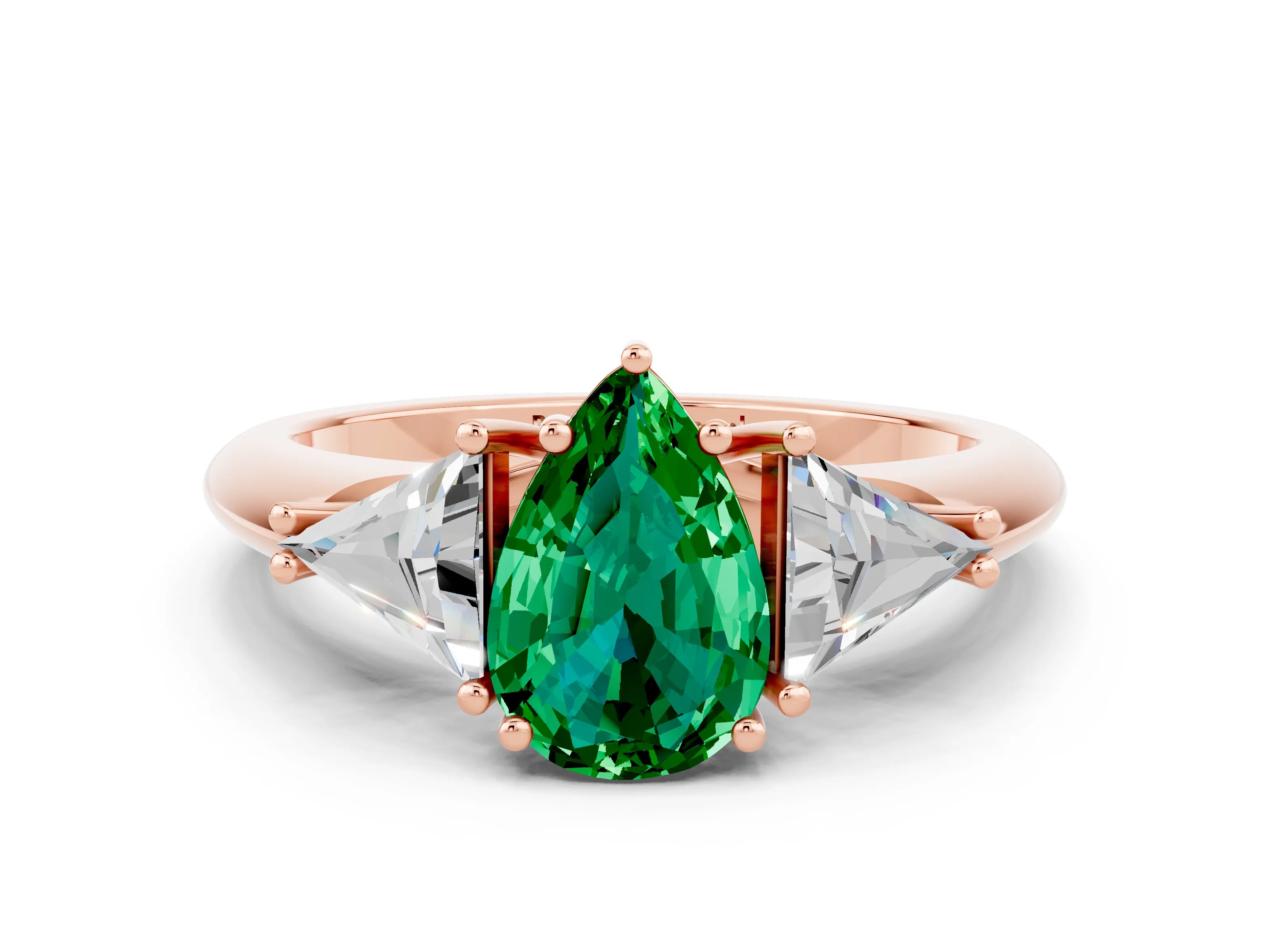Rose gold Three-Stone Pear Cut Cut Diamond Ring with Trillion Side Stones and Four-Prong Setting