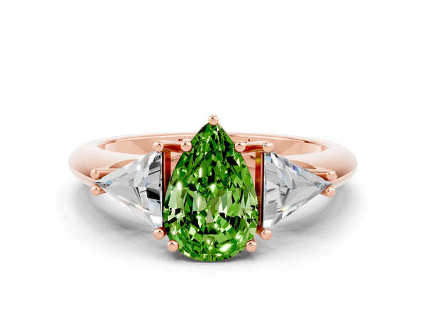 Rose gold Three-Stone Pear Cut Cut Diamond Ring with Trillion Side Stones and Four-Prong Setting