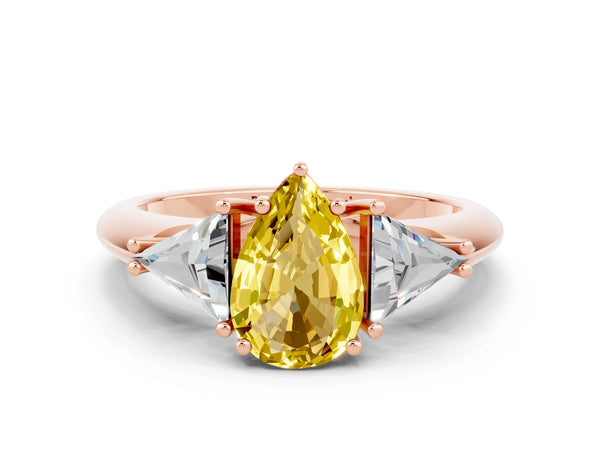 Rose gold Three-Stone Pear Cut Yellow Sapphire Engagement Ring with Trillion Side Stones and Prong Setting