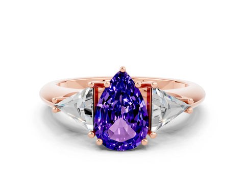 Rose gold Three-Stone Pear Cut Cut Diamond Ring with Trillion Side Stones and Four-Prong Setting