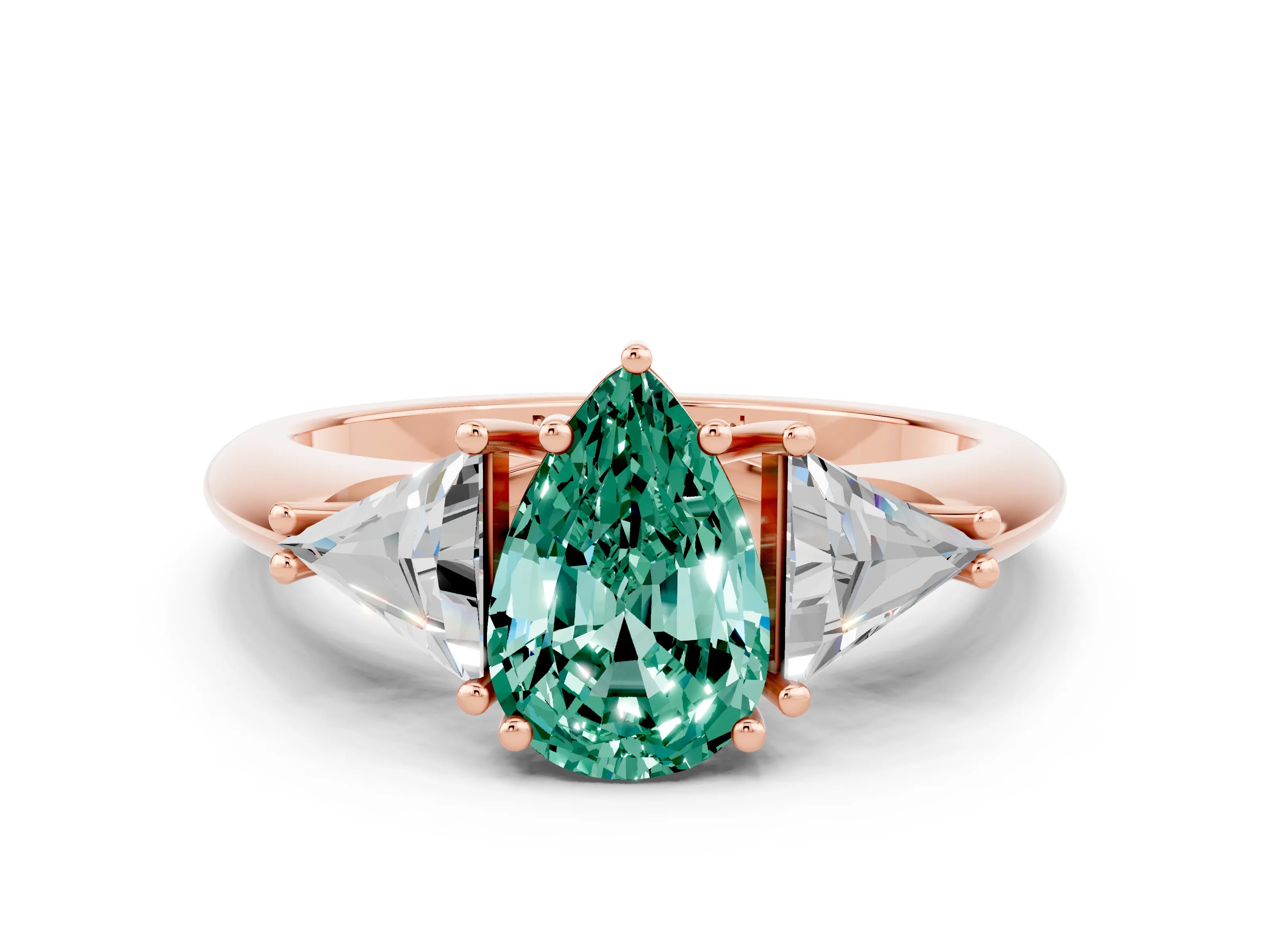 Rose gold Three-Stone Pear Cut Cut Diamond Ring with Trillion Side Stones and Four-Prong Setting