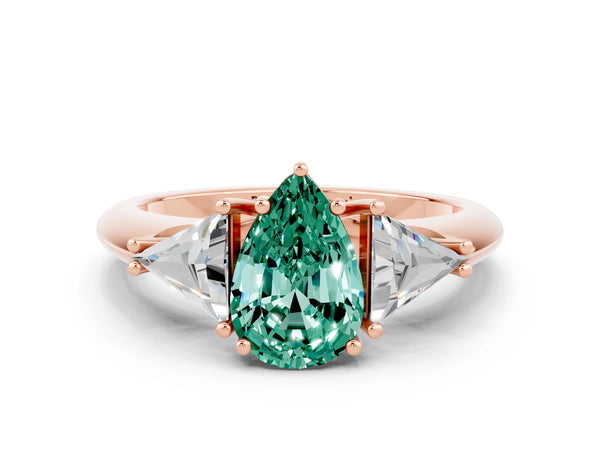 Rose gold Three-Stone Pear Cut Green Sapphire Engagement Ring with Trillion Side Stones and Prong Setting
