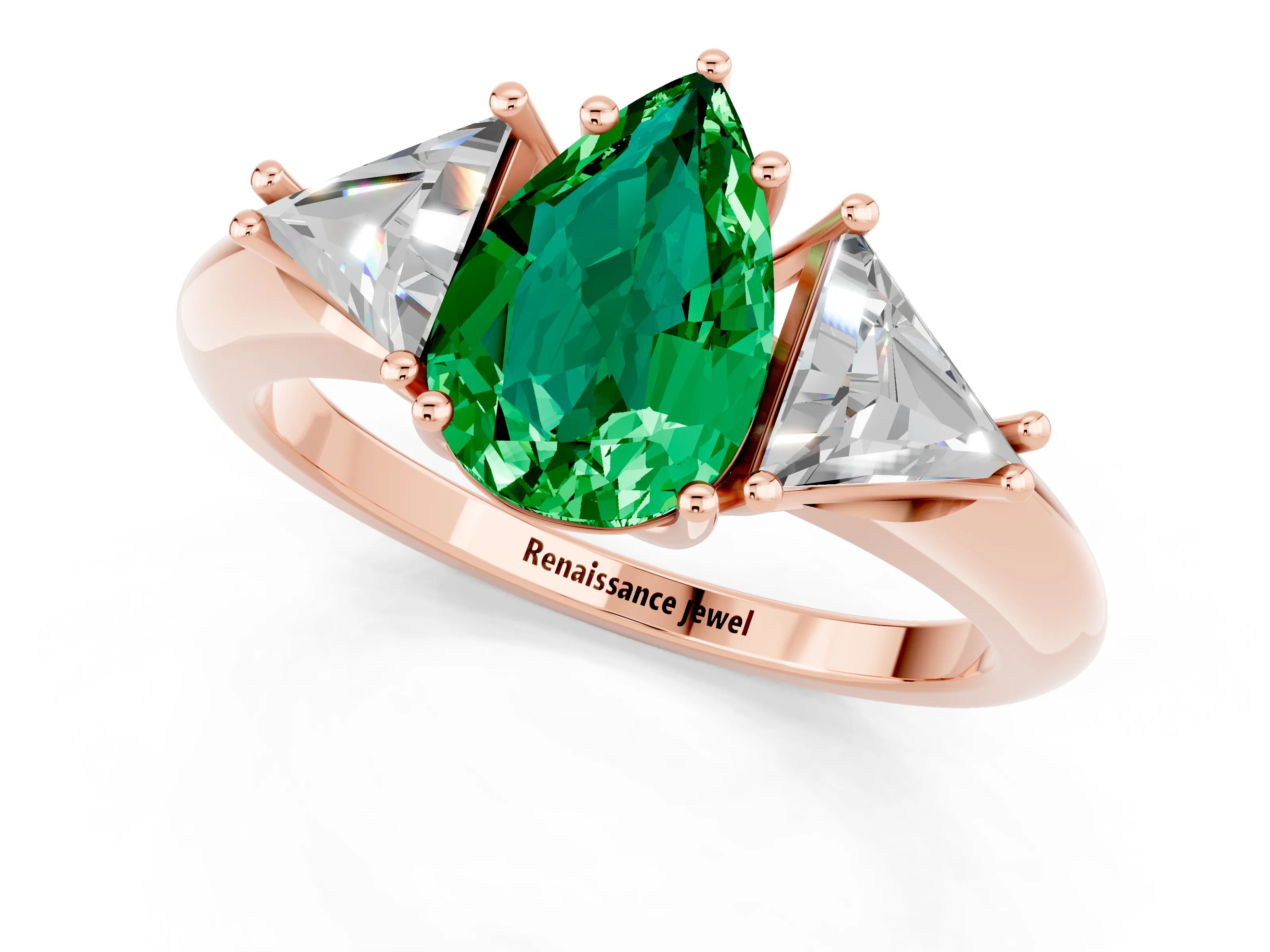 Rose gold Three-Stone Pear Cut Cut Diamond Ring with Trillion Side Stones and Four-Prong Setting_1