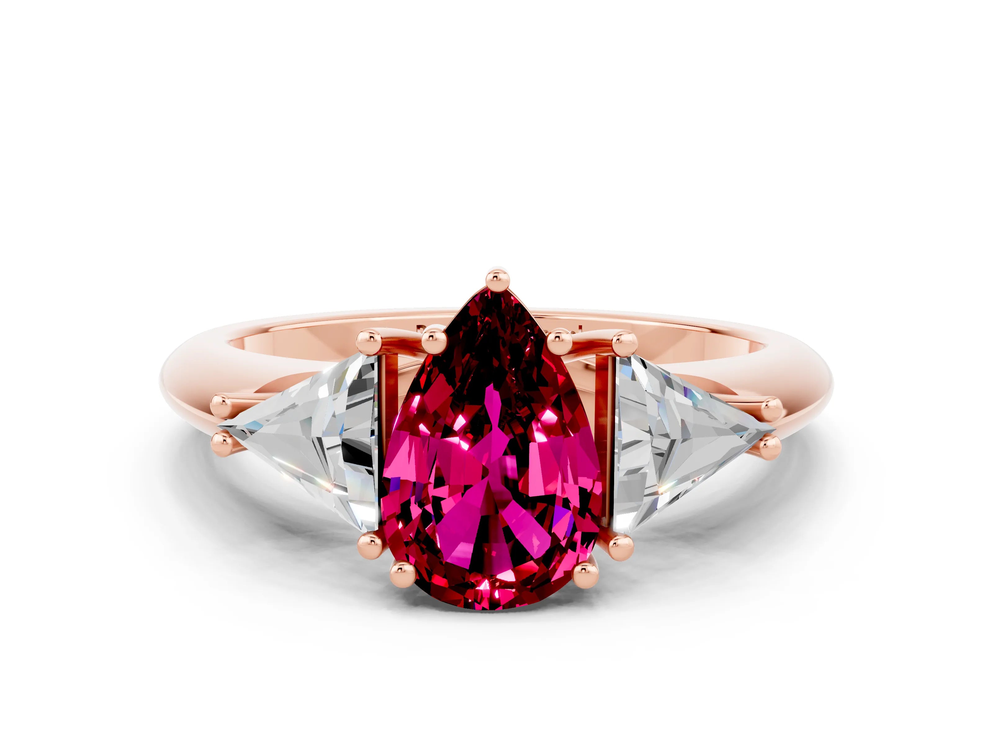 Rose gold Three-Stone Pear Cut Cut Diamond Ring with Trillion Side Stones and Four-Prong Setting