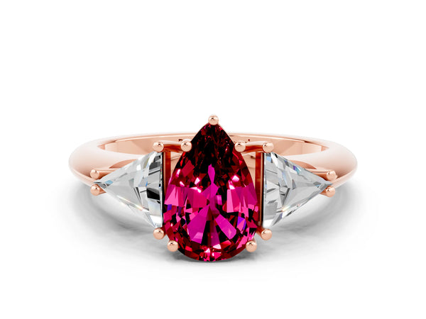 Rose gold Three-Stone Pear Cut Garnet Engagement Ring with Trillion Side Stones and Prong Setting