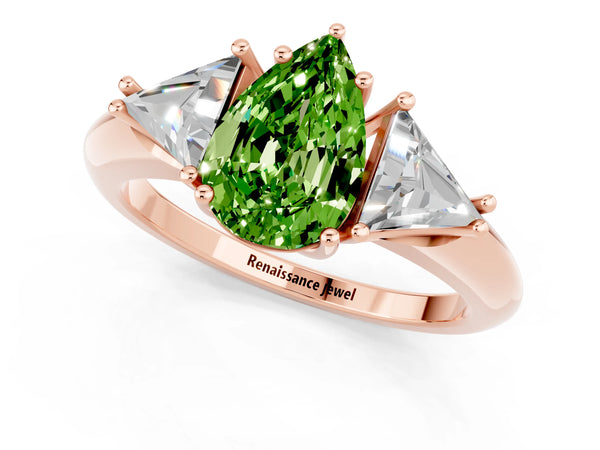 Rose gold Three-Stone Pear Cut Cut Diamond Ring with Trillion Side Stones and Four-Prong Setting