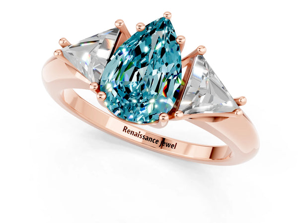 Rose gold Three-Stone Pear Cut Cut Diamond Ring with Trillion Side Stones and Four-Prong Setting