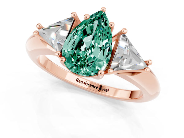 Rose gold Three-Stone Pear Cut Green Sapphire Engagement Ring with Trillion Side Stones and Prong Setting