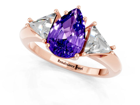 Rose gold Three-Stone Pear Cut Cut Diamond Ring with Trillion Side Stones and Four-Prong Setting_1