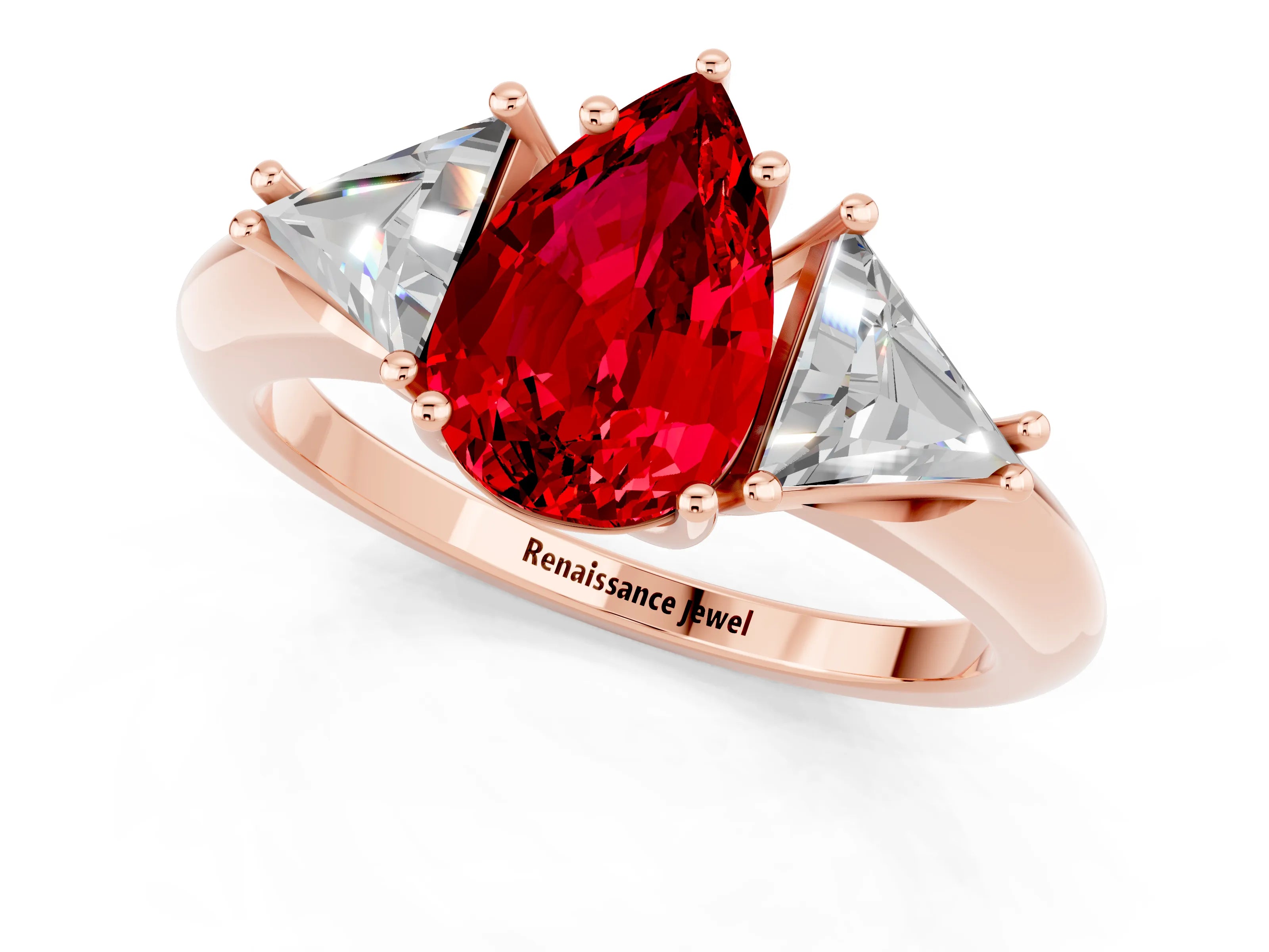 Rose gold Three-Stone Pear Cut Cut Diamond Ring with Trillion Side Stones and Four-Prong Setting_1