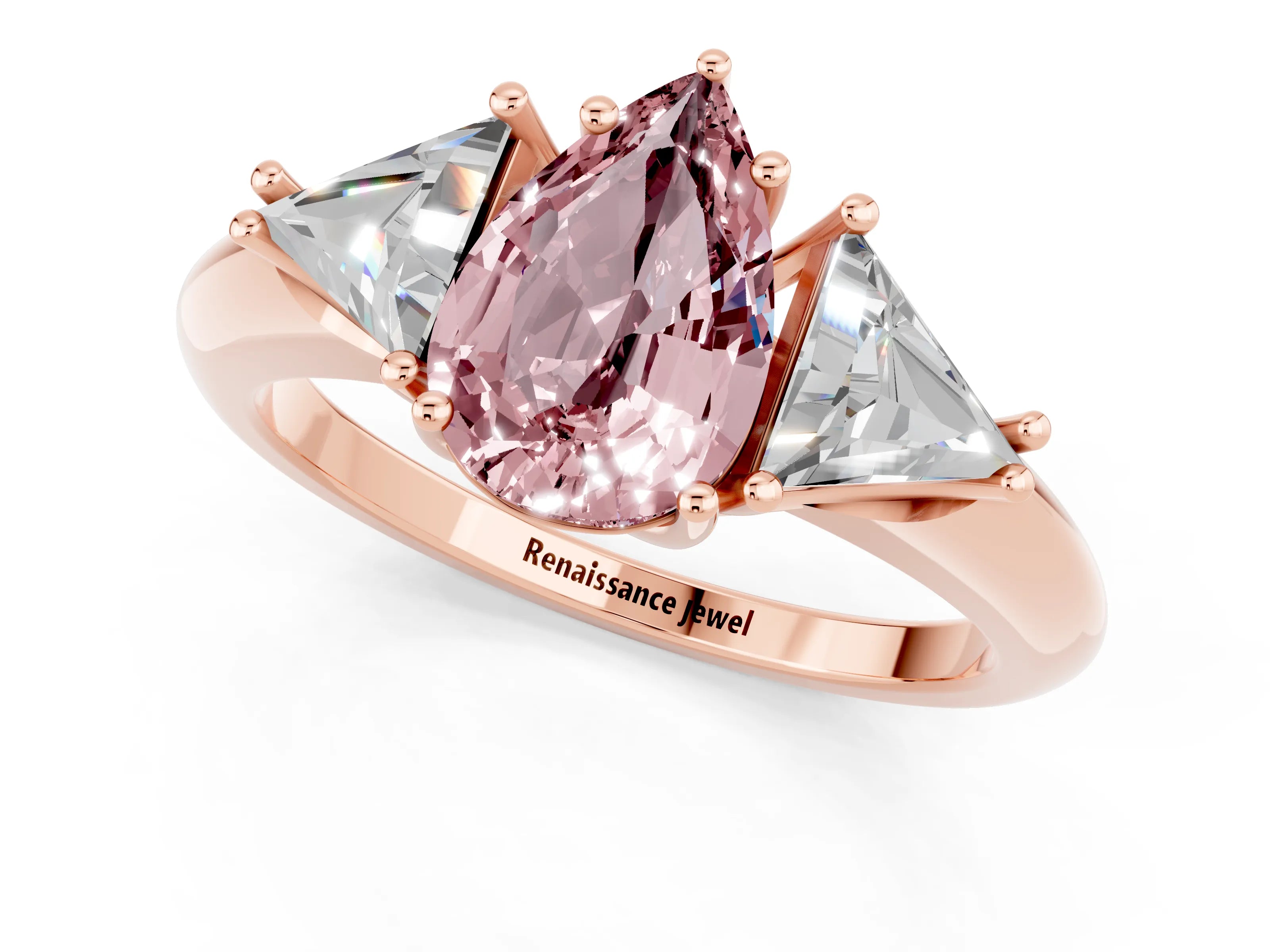 Rose gold Three-Stone Pear Cut Cut Diamond Ring with Trillion Side Stones and Four-Prong Setting_1