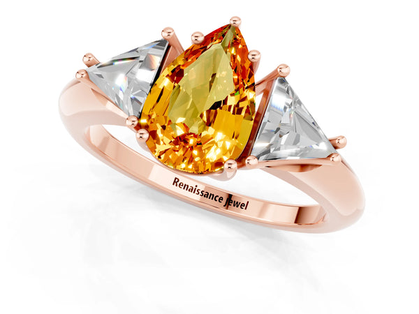 Rose gold Three-Stone Pear Cut Citrine Engagement Ring with Trillion Side Stones and Prong Setting