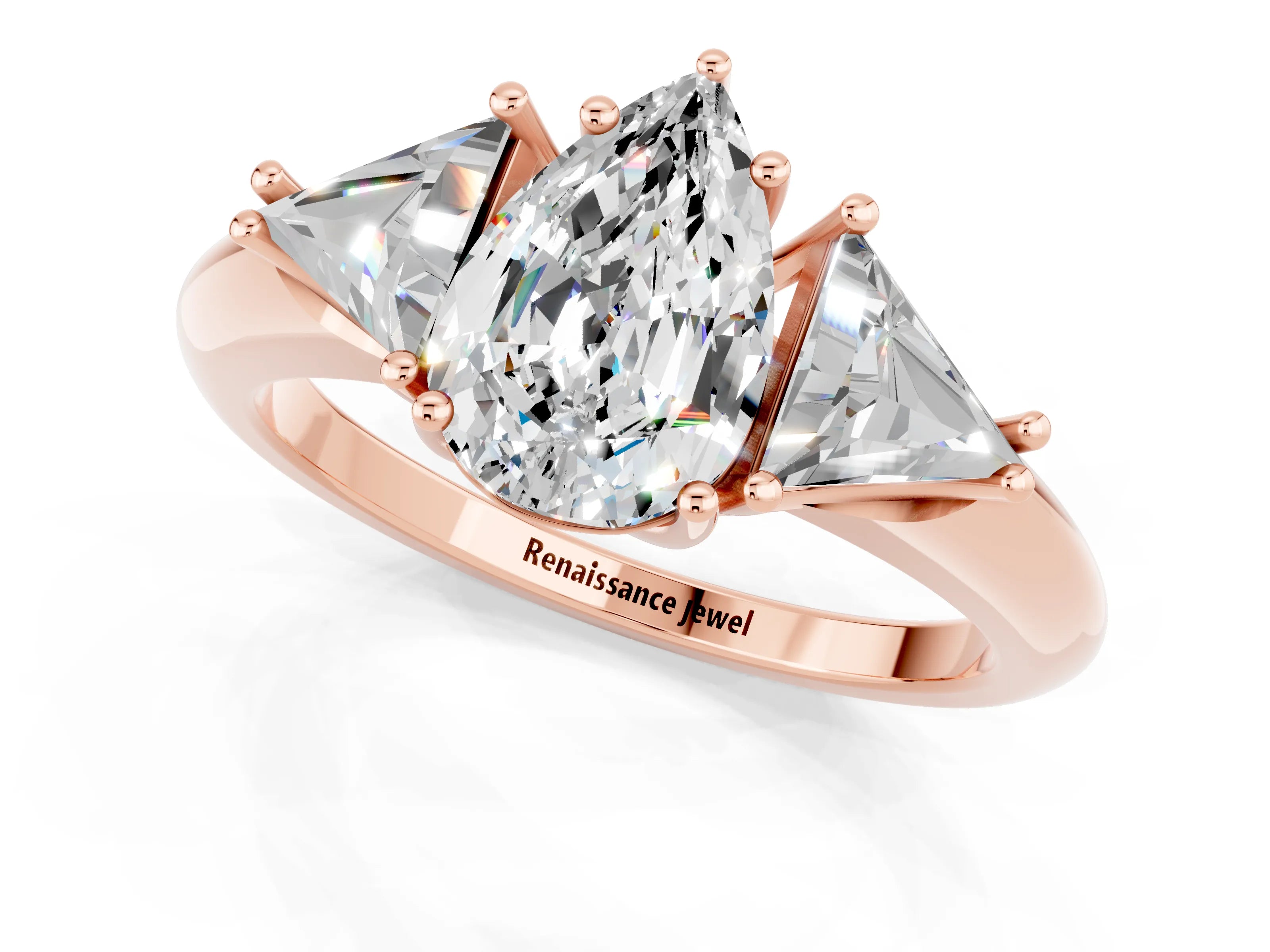 Rose gold Three-Stone Pear Cut Cut Diamond Ring with Trillion Side Stones and Four-Prong Setting_1