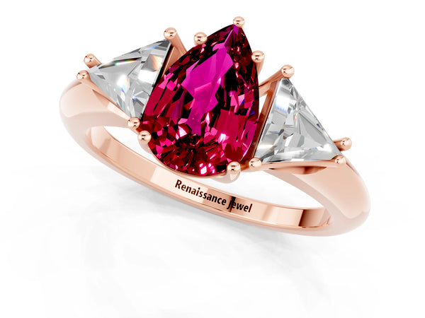 Rose gold Three-Stone Pear Cut Garnet Engagement Ring with Trillion Side Stones and Prong Setting